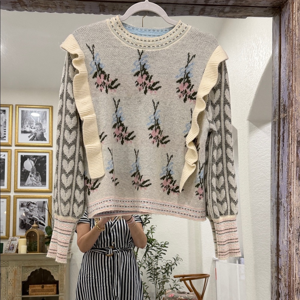 Cider Floral Ruffle Sweater - Cream and Pink - Picture 2 of 7